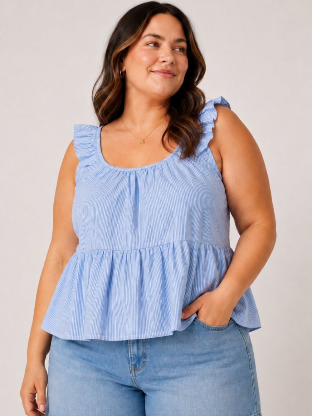 Kayleigh 1XL Blue White Pinstripe Ruffle Peplum Blouse
